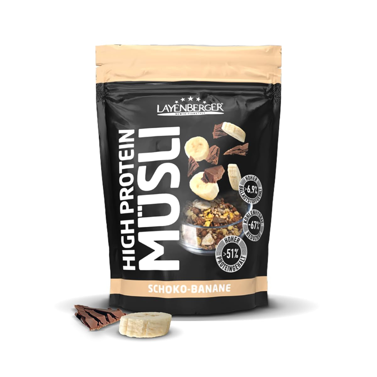 Layenberger 3K Müsli alto en proteínas, 50% Eiweiß y 18% Kohlenhidrato - Paquete individual (1X 390 G) - Schoko-Nuss Cereale Naty Shop 390 G (1 paquete) Schoko-Banana