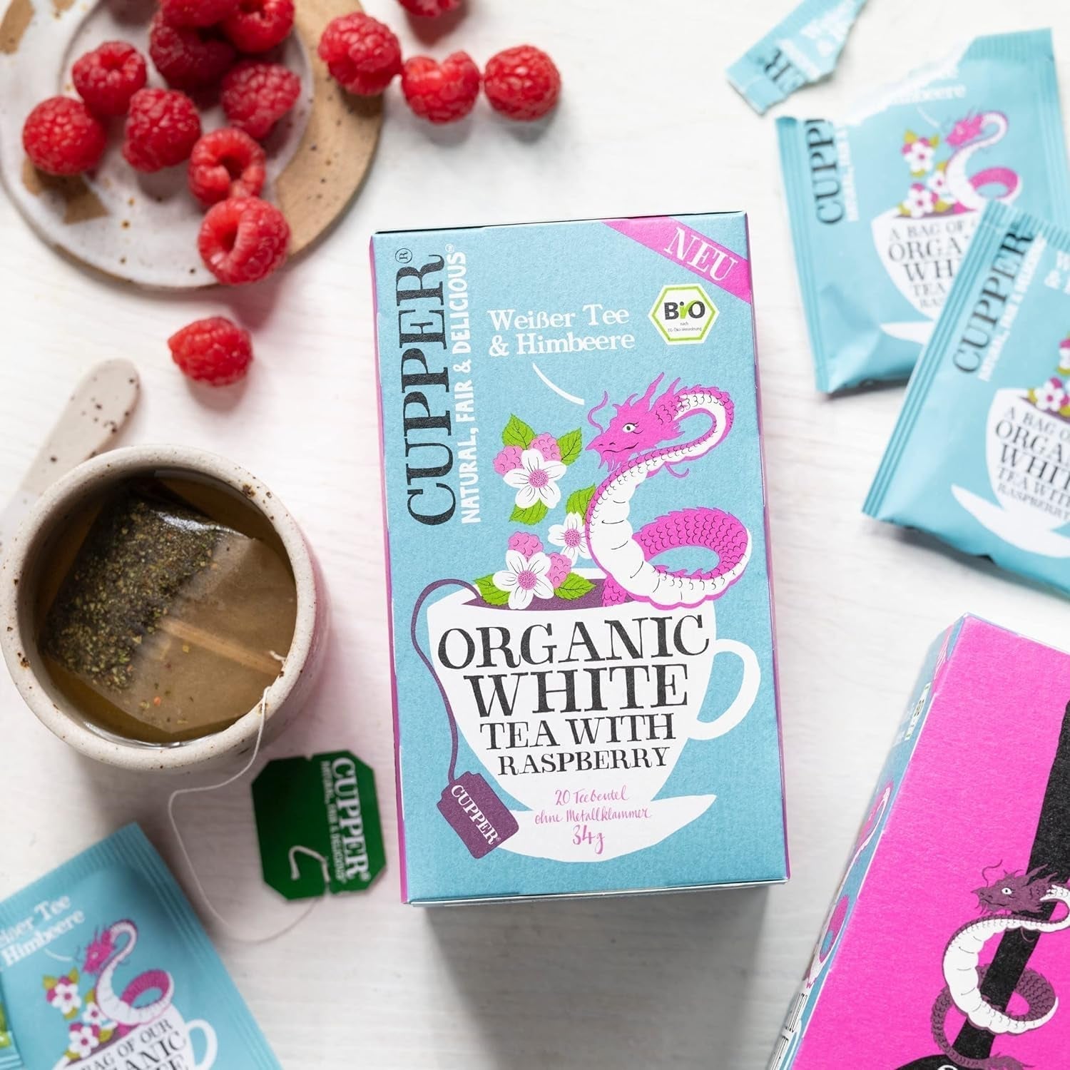 Té blanco orgánico Cupper, frambuesa, 20 sobres, 34 g (paquete de 4)