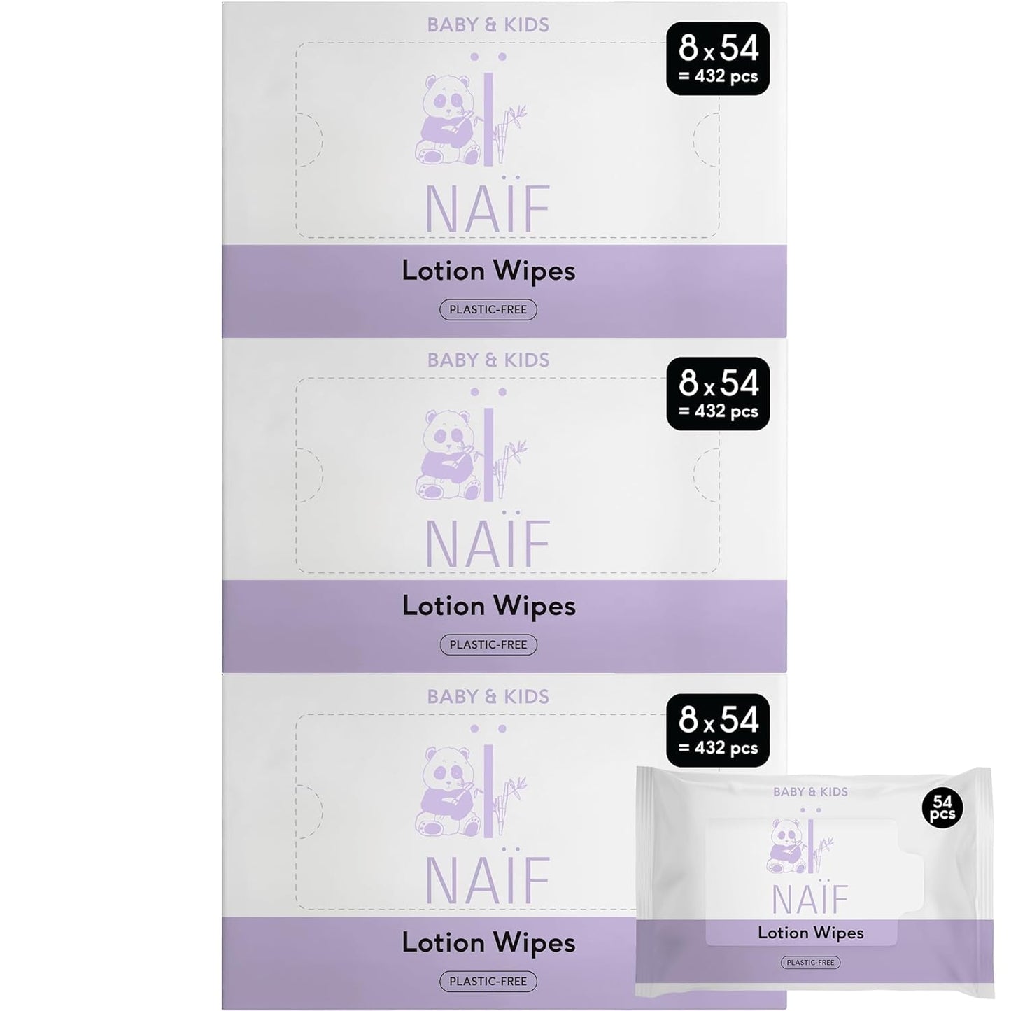 Naïf - Toallitas húmedas con loción sin plástico - 1296 piezas (24 paquetes de 54 toallitas) - para bebés y niños - Culito, cuerpo y cara del bebé - con Aloe Vera y Bambú - 0% Fragancia y Alcohol