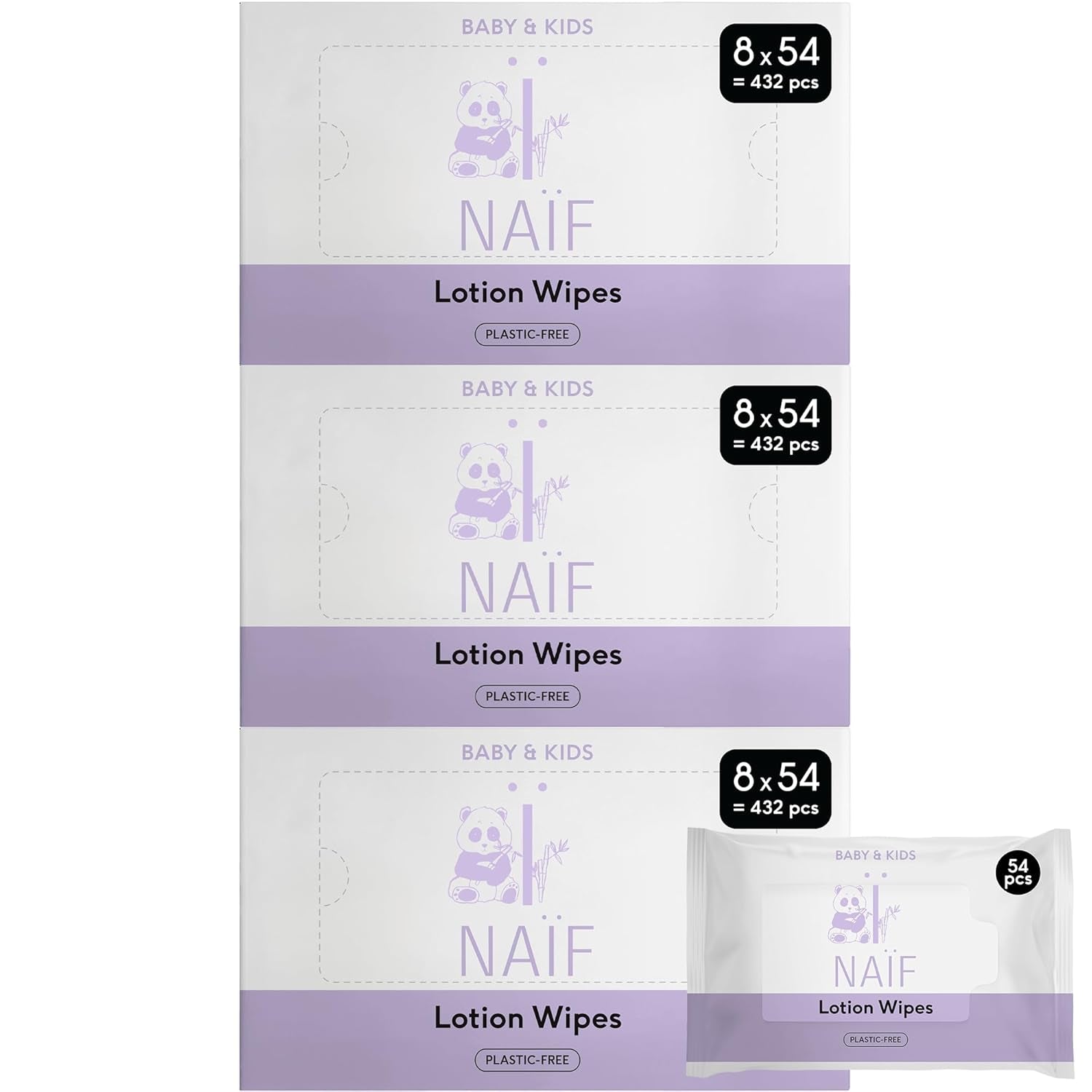 Naïf - Toallitas húmedas con loción sin plástico - 1296 piezas (24 paquetes de 54 toallitas) - para bebés y niños - Culito, cuerpo y cara del bebé - con Aloe Vera y Bambú - 0% Fragancia y Alcohol