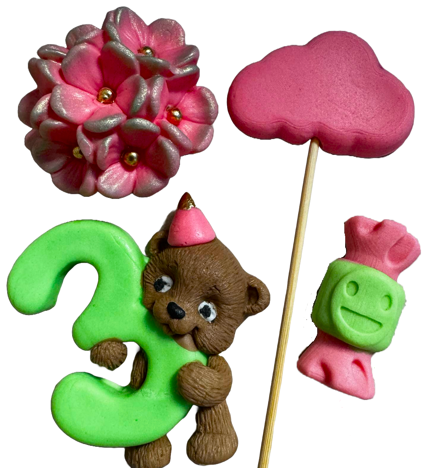 Set de 4 adornos de azúcar comestible, 3 AÑOS Decoraciones de pasta de azúcar Naty Shop