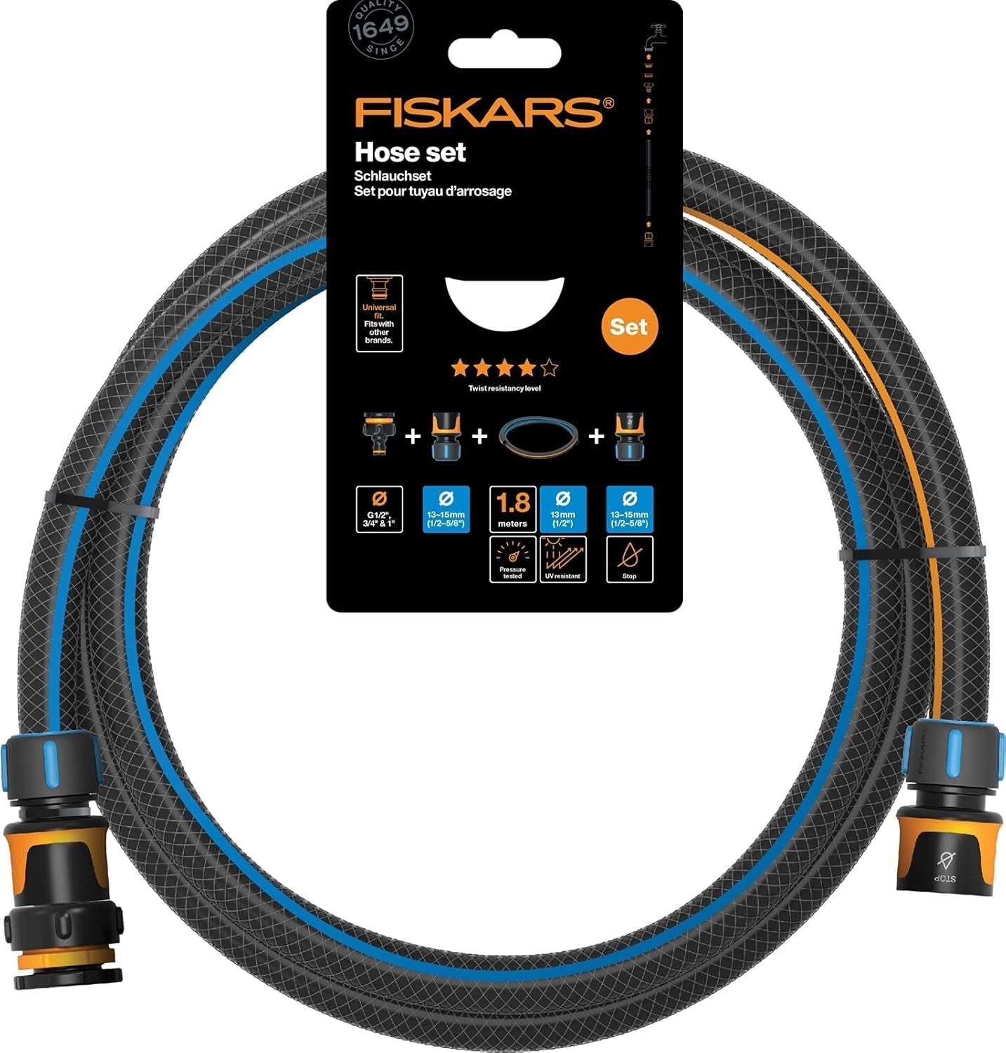 Fiskars Water Wheel Juego de mangueras de agua con 2 conectores de manguera y conector de grifo, tamaño universal, rigidez torsional nivel 4 (de 5), 1,8 m, Ø1,3-1,5 cm (1/2-5/8"), negro/naranja/azul, 1057621
