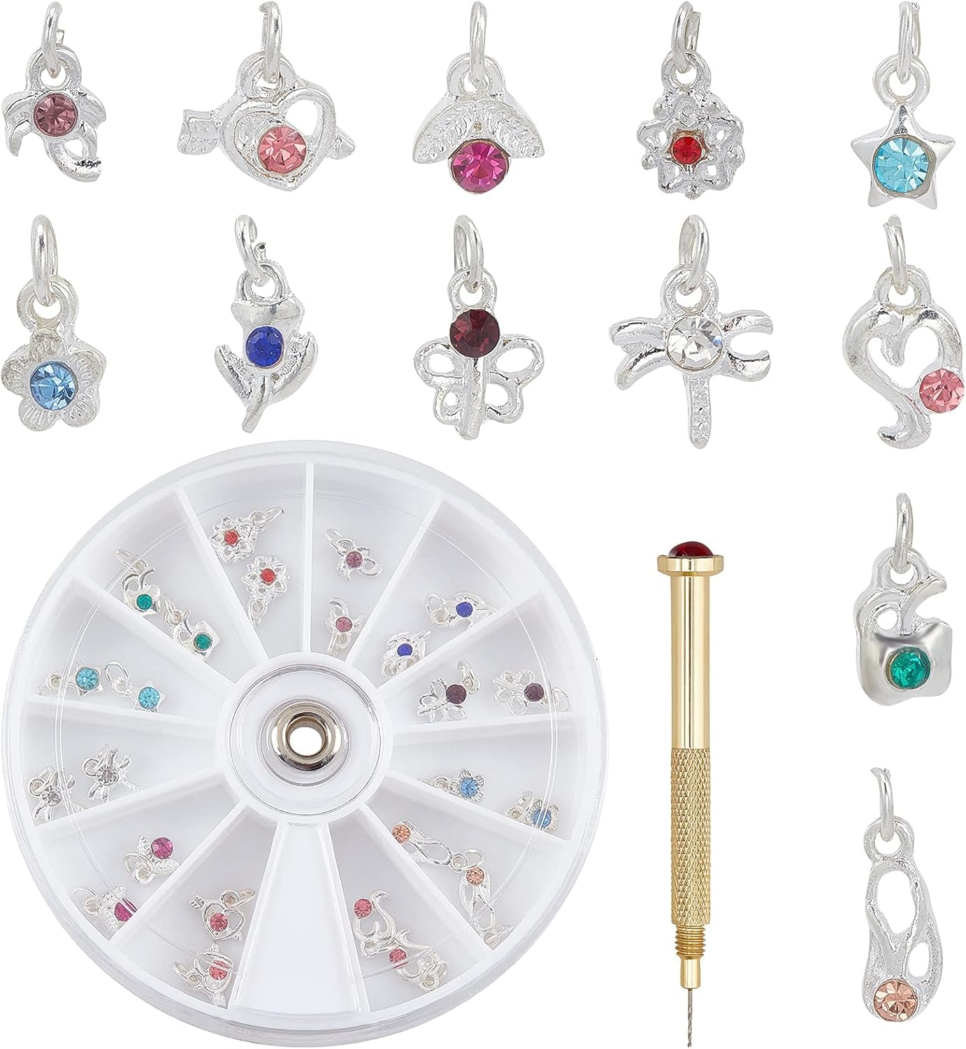 OLYCRAFT 24 piezas Nagelschmuck Ringe Dangle Nail Art Zubehör Mit Nagelpiercing Tool Nagelbohrer Manueller Bohrer Aus Legierung para puntas, acrílico, gel y decoración