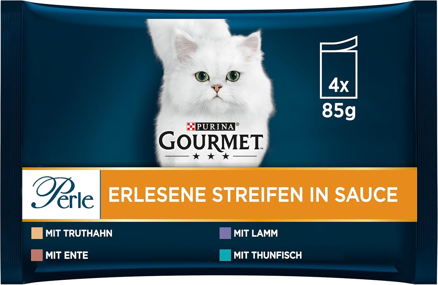 Comida húmeda para gatos Gourmet Perle Select Strips, mezcla variada, paquete de 12 (12 x 4 sobres de 85 g cada uno)