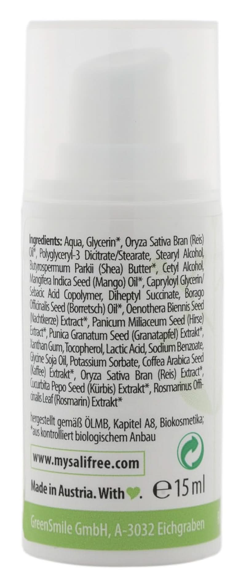 Mysalifree BIO EYE BALM, crema de ojos intensiva antiarrugas para pieles sensibles, con granada y ocre, 15 ml Cosmética y Belleza Naty Shop