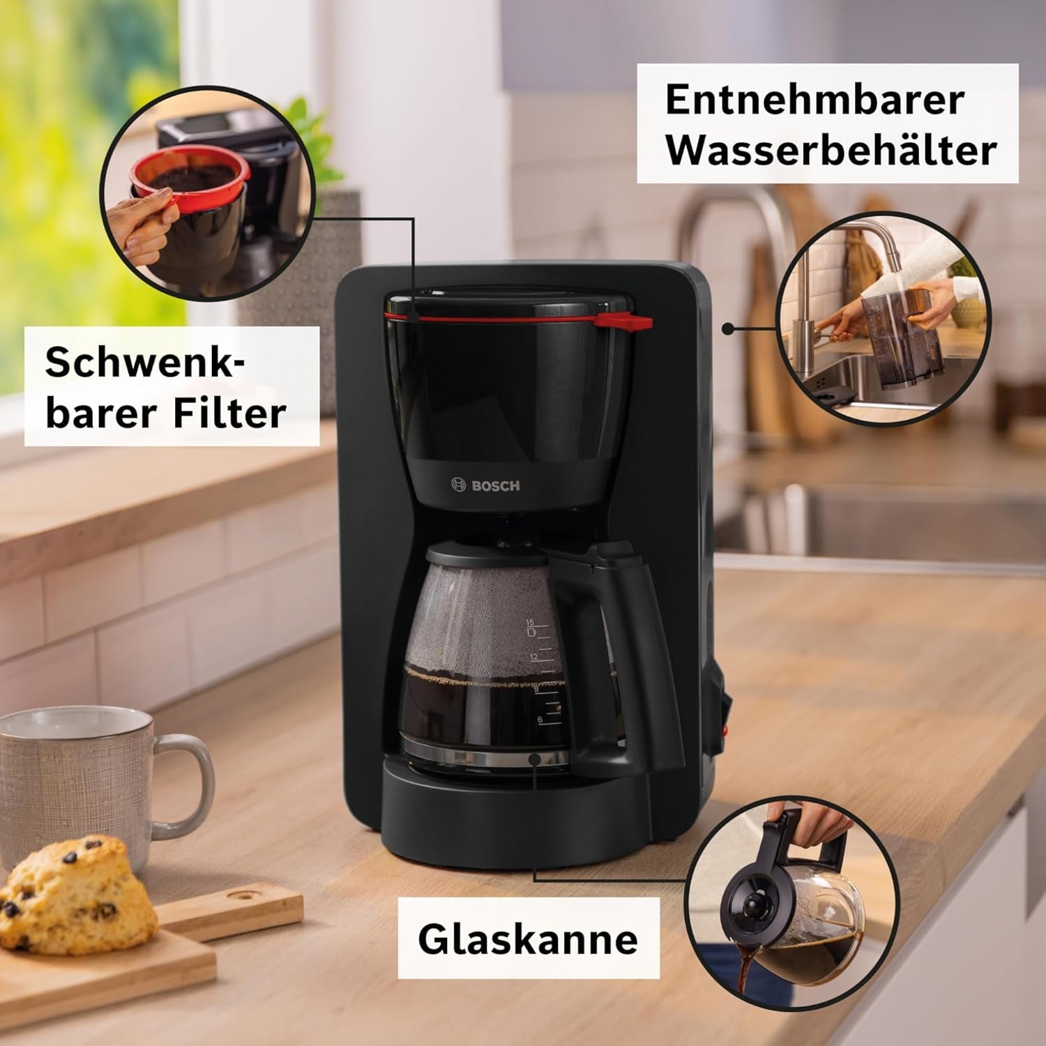 Bosch MyMoment TKA2M113 Cafetera espresso con filtro, jarra de cristal de 1,25 l, 10-15 tazas, función de mantenimiento del calor durante 40 minutos, sistema antigoteo, soporte de filtro giratorio, depósito de agua desmontable, 1200 W, negro mate
