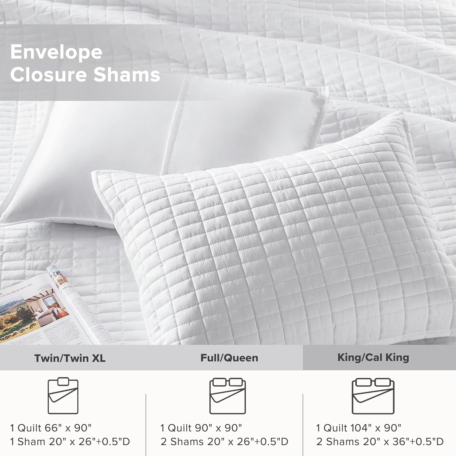Comfort Spaces Juego de edredón Kienna, manta de verano de doble puntada, ropa de cama ligera y suave para todo el año, funda de almohada a juego, manta tamaño king blanca (264,2 x 228,6 cm) Naty Shop Edredones y edredones