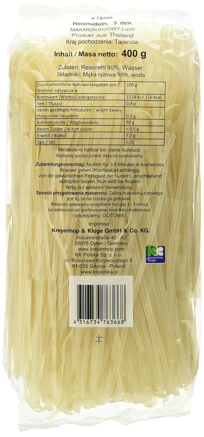 Fideos de arroz - tailandeses, fideos de cinta de arroz de 3 mm de ancho, hechos con harina de arroz - 17 x 400 g