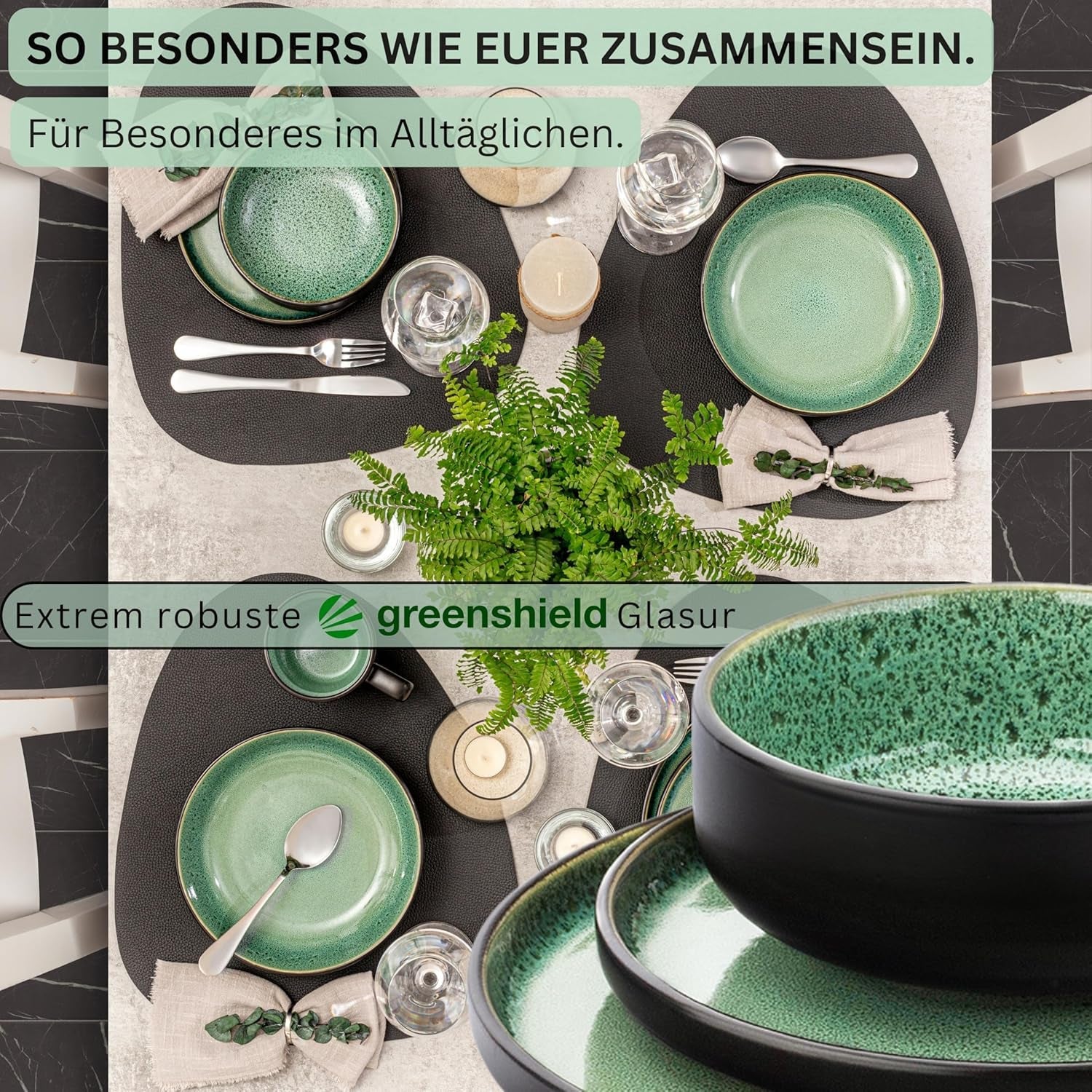 SÄNGER Greenwich | Juego de vajilla de gres, 18 piezas, juego de platos para 6, juego de vajilla (6 platos llanos, 6 platos de postre, 6 tazones), verde, resistente a los rayones, vajilla | LA COLECCIÓN DE VALOR