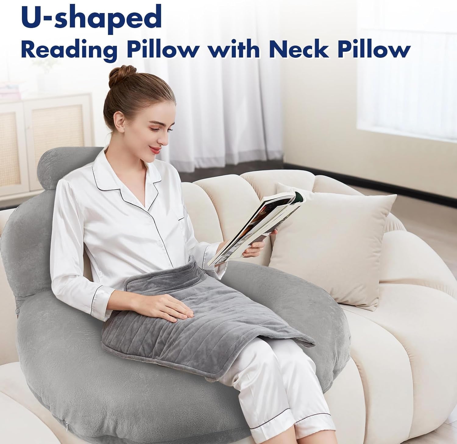 Almohada de lectura, almohada de espalda en forma de U con almohada para el cuello, almohada de juego gris, almohada para leer, jugar, trabajar, descansar