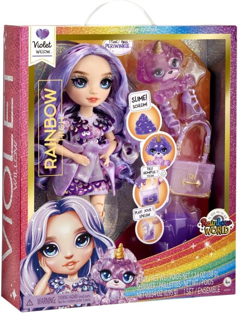 Muñeca Rainbow High Fashion con Slime y Mascota - Morado - Muñeca Glitter 28 cm con Slime Glitter, Mascota Mágica y Accesorios de Moda - Juguete para Niños - Ideal para 4-12 Años