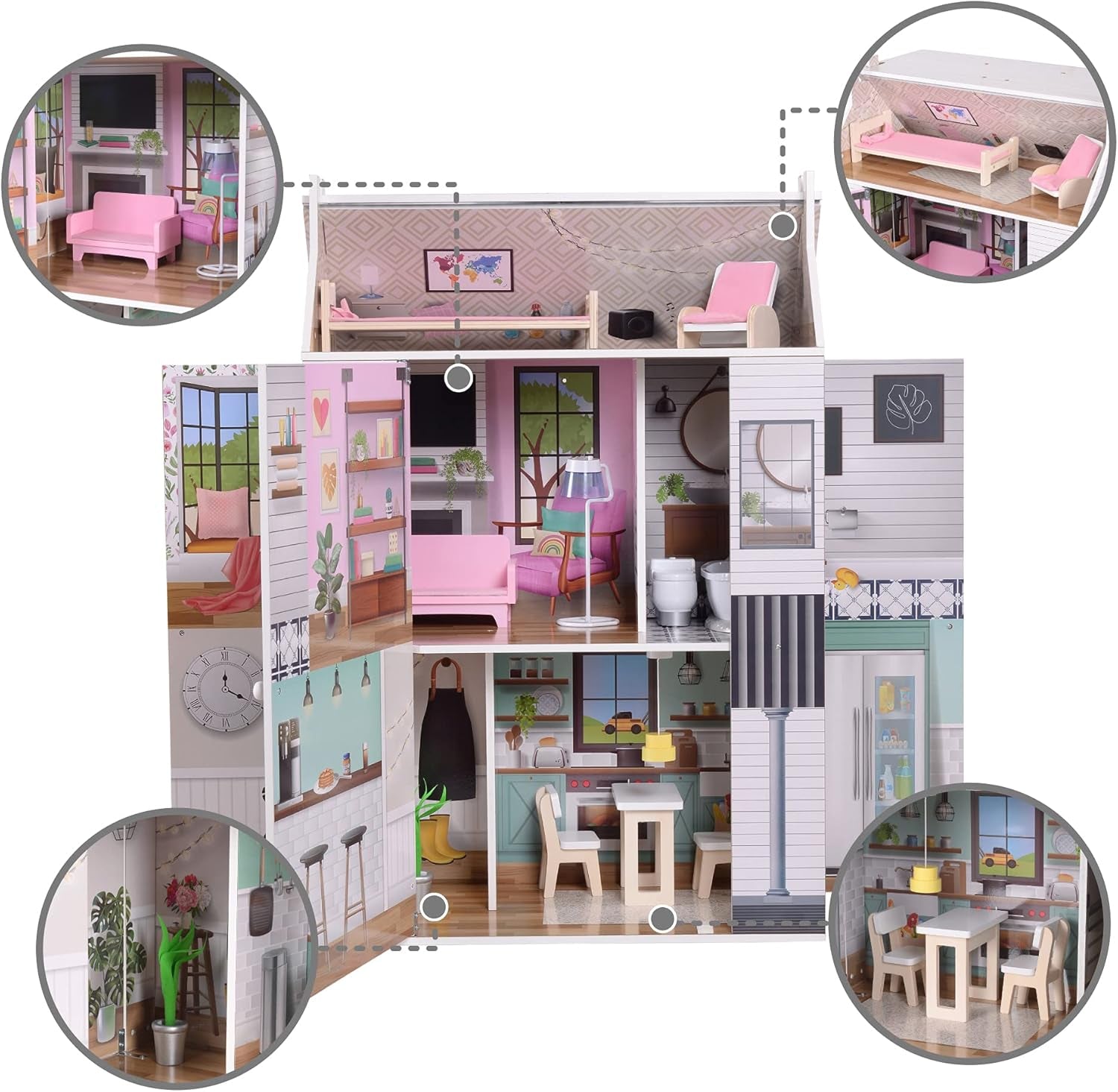 Olivia'S Little World Dreamland Farmhouse Casa de Muñecas Interactiva de Madera para Niños 3 Pisos con 13 Accesorios para Muebles para Muñecas Blanco TD-13632A Casas de Muñecas Naty Shop