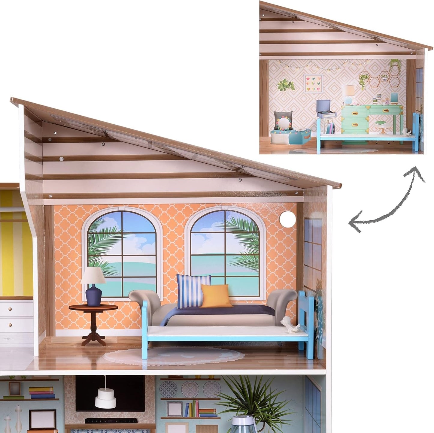 Olivia's Little World Casa de muñecas interactiva de madera de 3 pisos de estilo mediterráneo contemporáneo para niños con 17 accesorios para muebles de muñecas Multicolor TD-13551B