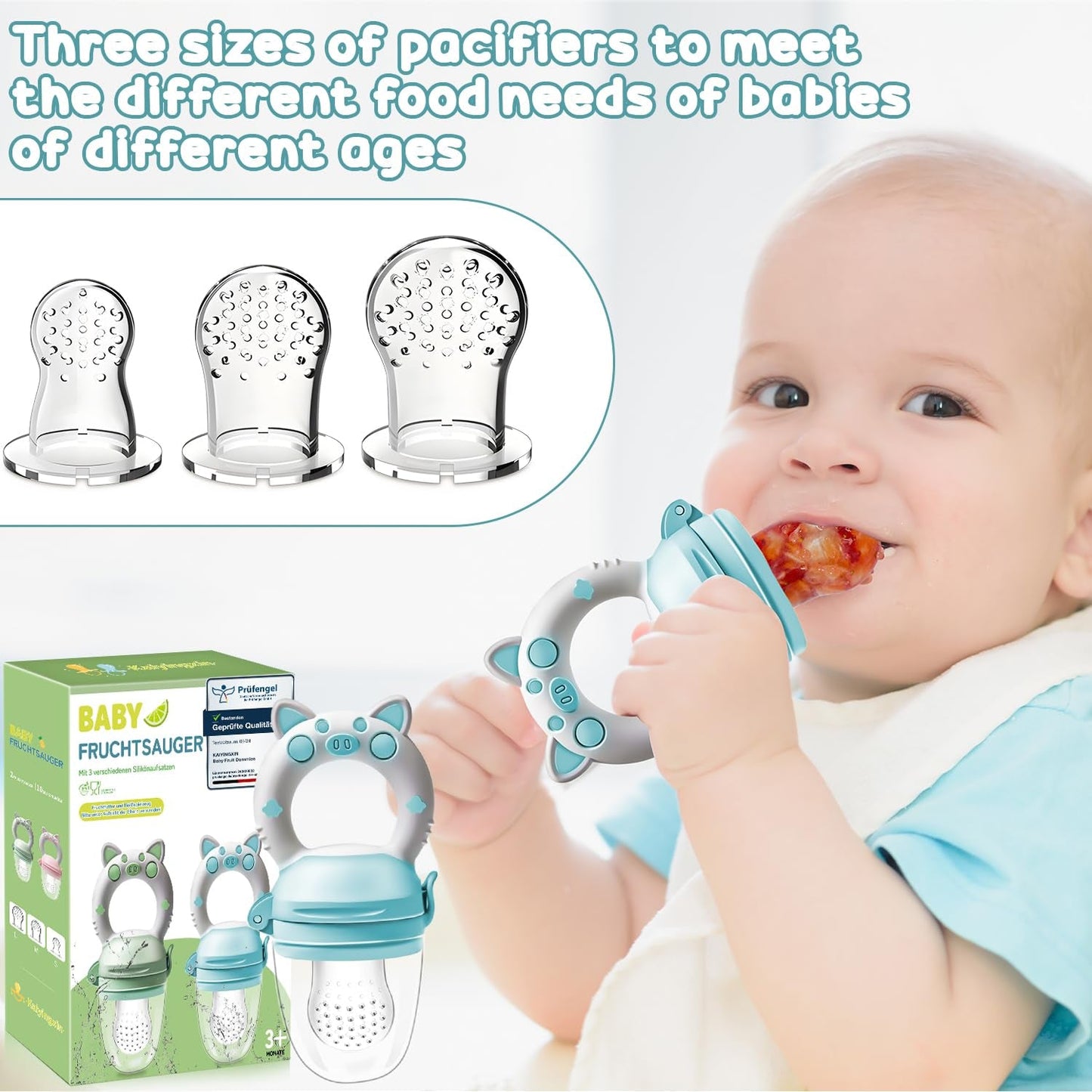 Chupetes de Frutas para Bebé, Pack de 2 Chupetes de Frutas para Bebés de 3 Meses en adelante Versión Mejorada 2023, Chupetes Rellenables, Chupetes de Gachas, Chupetes de Frutas para Bebés, Sin BPA, 8 Tetinas de Silicona en 3 Tamaños