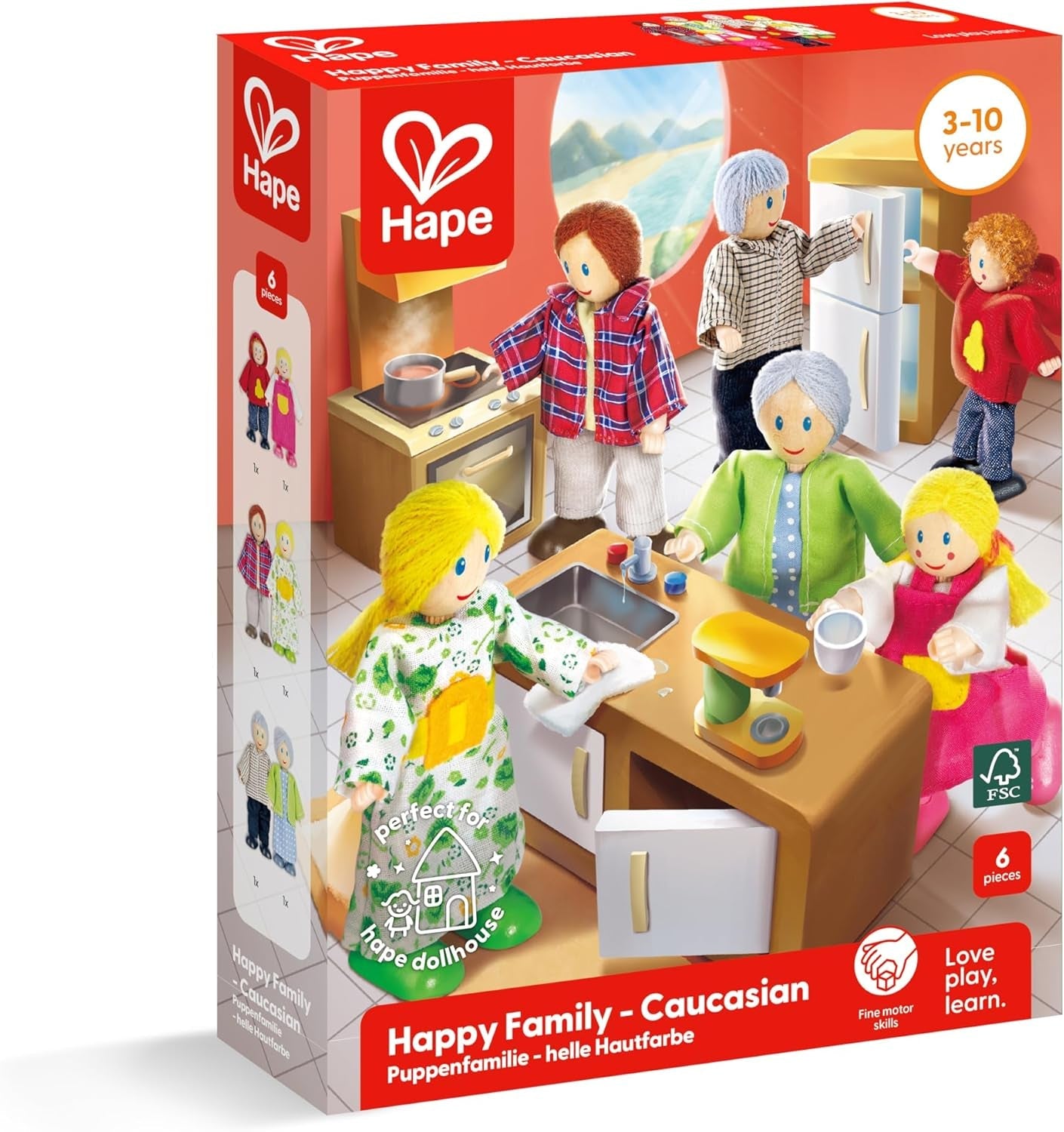 Hape Doll Family Juego de casa de muñecas galardonado, accesorios únicos de madera para casa de muñecas, juego imaginativo, 6 miembros de la familia de muñecas, a partir de 3 años