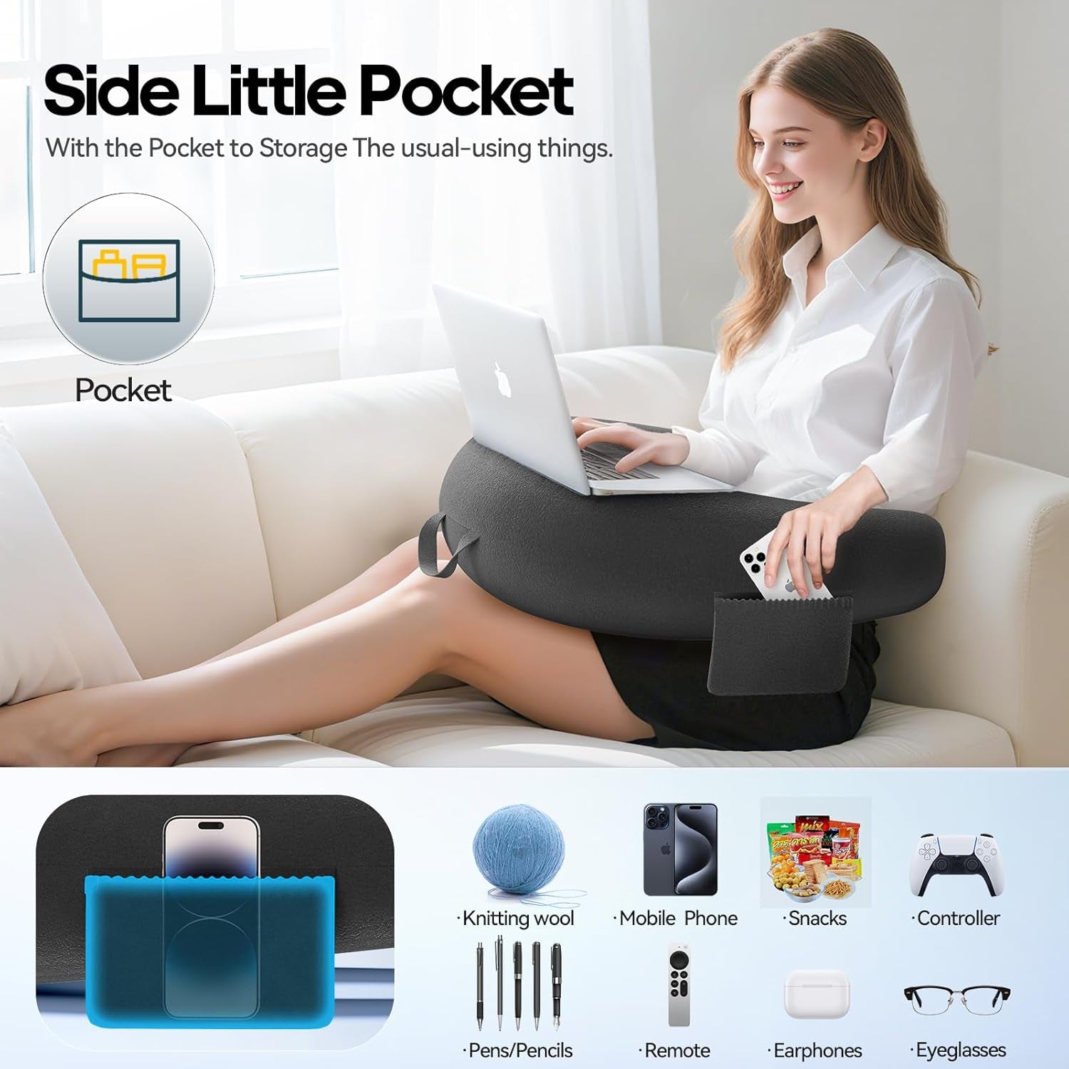 Almohada de lectura y juegos, almohada de lectura para cama/sofá/suelo, almohada de alimentación/ganchillo con gran almohada ergonómica para juegos, almohada de jugador para iPad/portátil - negro