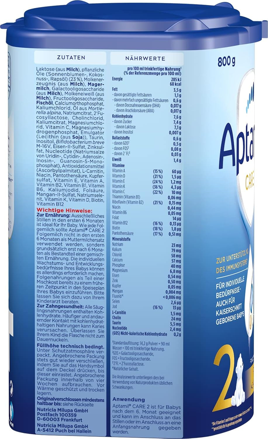 Aptamil Care 2 - Leche de continuación a partir de los 6 meses, con Omega 3 y 6, DHA y ARA, sin aceite de palma, papilla, leche en polvo, 1 x 800 g (paquete de 6)