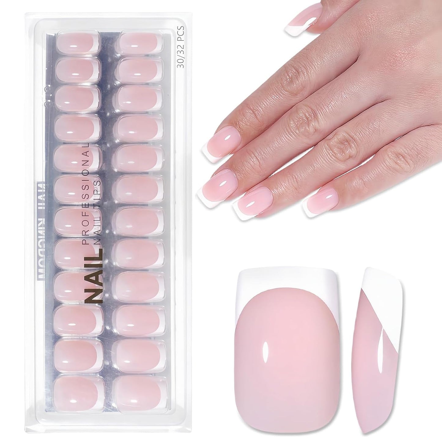 Uñas Francesas Autoadhesivas Rosa Claro - 32 Piezas Pegamento en Uñas Francesas - Uñas Postizas Cortas Cuadradas - Pegamento Transpirable en Uñas Artificiales - Uñas Postizas de Cobertura Completa para Mujer (Rosa Claro)