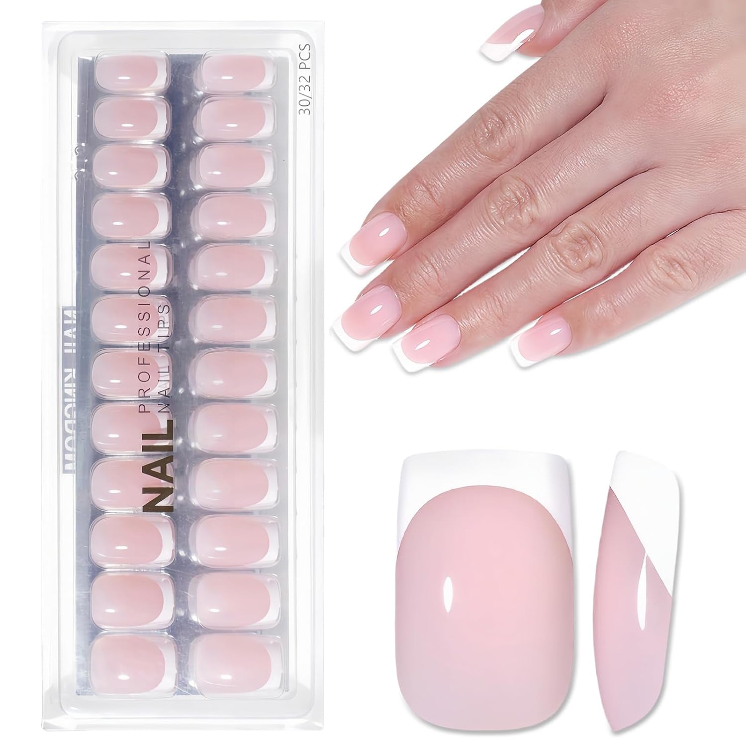 Uñas Francesas Autoadhesivas Rosa Claro - 32 Piezas Pegamento en Uñas Francesas - Uñas Postizas Cortas Cuadradas - Pegamento Transpirable en Uñas Artificiales - Uñas Postizas de Cobertura Completa para Mujer (Rosa Claro)