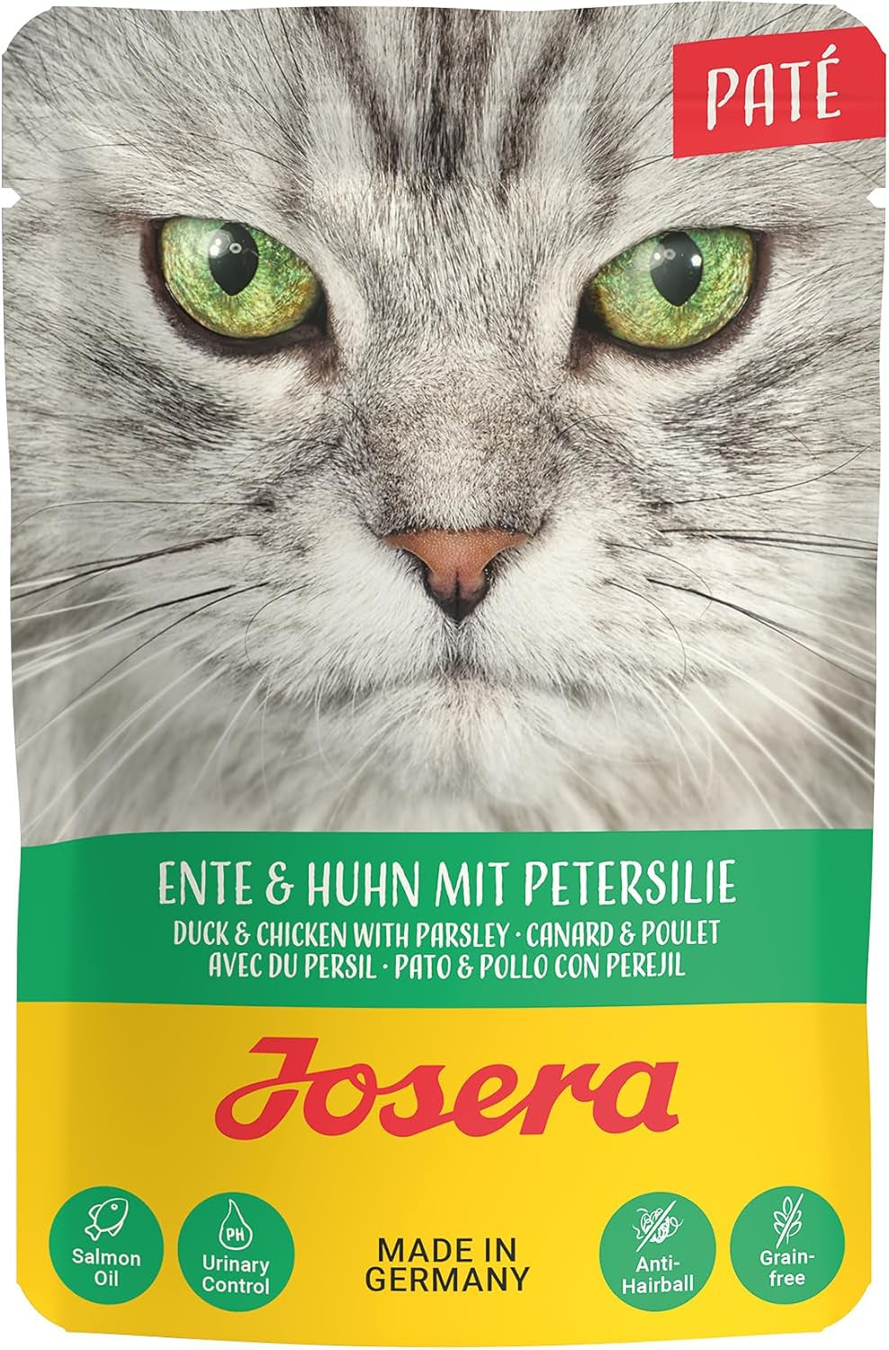 JOSERA Paté de pato y pollo con perejil (16 x 85 g) | Adulto | Comida húmeda premium para gatos adultos | Paté de pato y pollo | Aceite de salmón | Sin cereales | Comida húmeda para gatos en sobres frescos | Paquete de 16