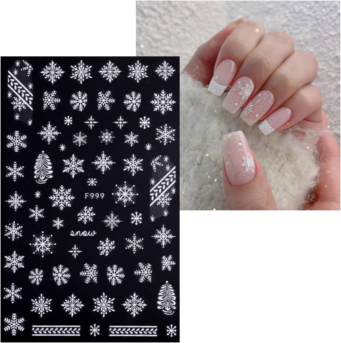 JMEOWIO Nagelsticker Weihnachten Weiß Glitter 8 Blatt Nail Art Sticker Selbstklebend Nagelaufkleber Schneeflocke Decoración navideña Nageldesign Zubehör