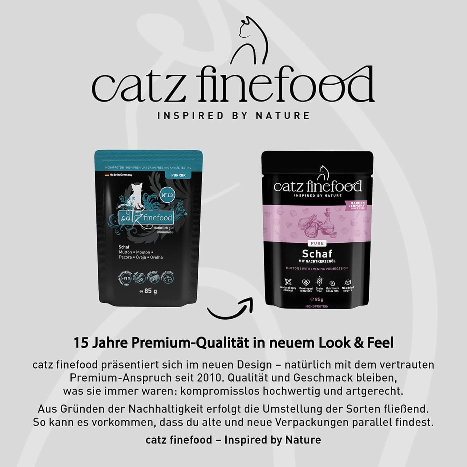 Comida húmeda para gatos Catz Finefood Purrrr Oveja Monoproteína núm. 113, para gatos con digestión sensible, 70% de contenido de carne, 16 sobres de 85 g cada uno