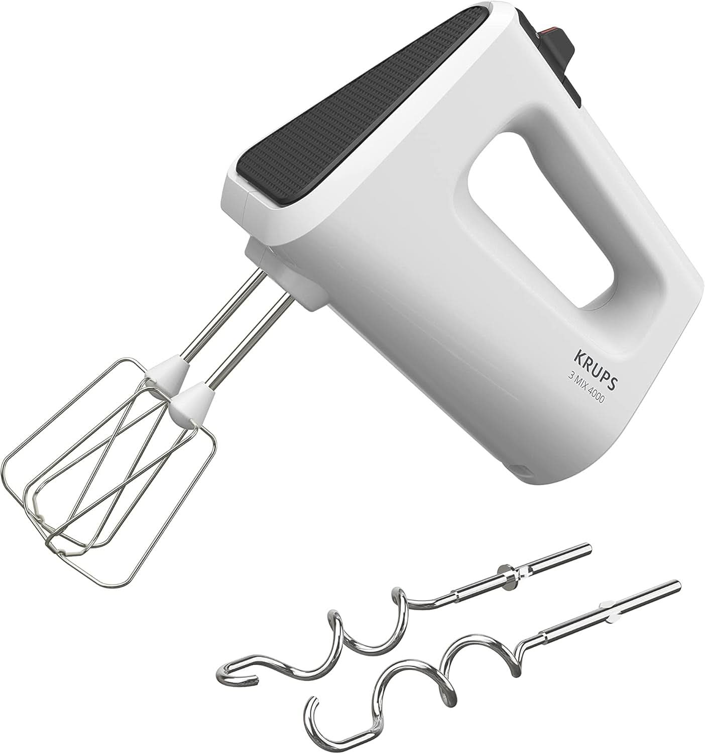 Krups GN4001 3 Mix 4000 Batidora de mano | 450 vatios | Diseño robusto | Controlador de velocidad variable | Función Turbo y Auswurf | incluido 2 Rührbesen y 2 Knethaken | Weiß/Grau Cocina Tienda Naty