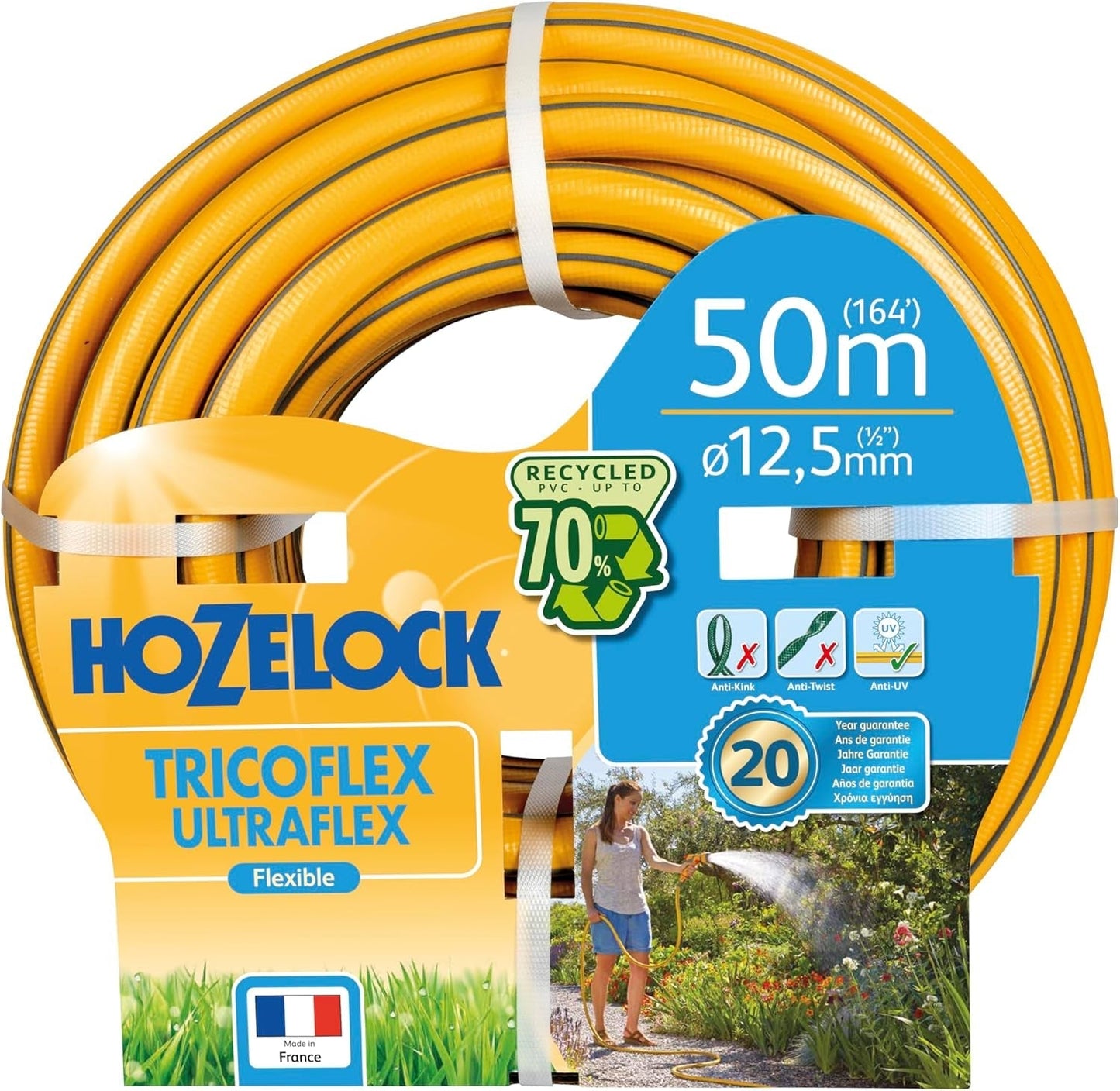 HOZELOCK - Manguera Tricoflex Ultraflex Ø 12,5 mm (1/2") 20 M: Manguera de jardín flexible, resistente a la intemperie, resistente a torceduras y dobleces, fabricada con un 40% de PVC reciclado [117002], amarilla