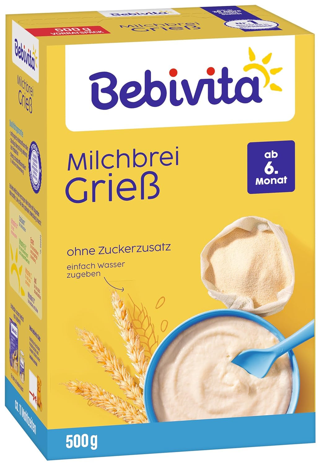 Papilla de sémola con leche (4 x 500 g), alimento para bebés a partir de 6 meses, sin azúcares añadidos, con valiosos minerales y vitaminas, muy saciante