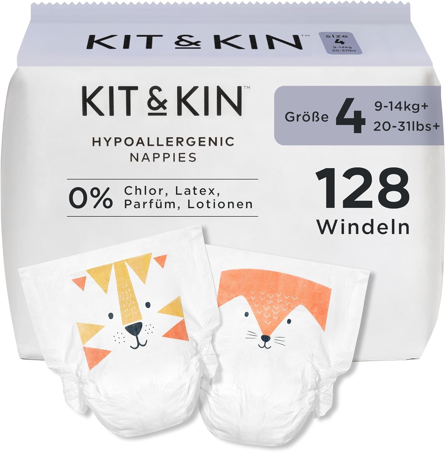 Pañales Kit & Kin Premium, tamaño 4 (9-14 kg), 128 unidades, a base de plantas e hipoalergénicos, protección confiable contra fugas, veganos y libres de crueldad