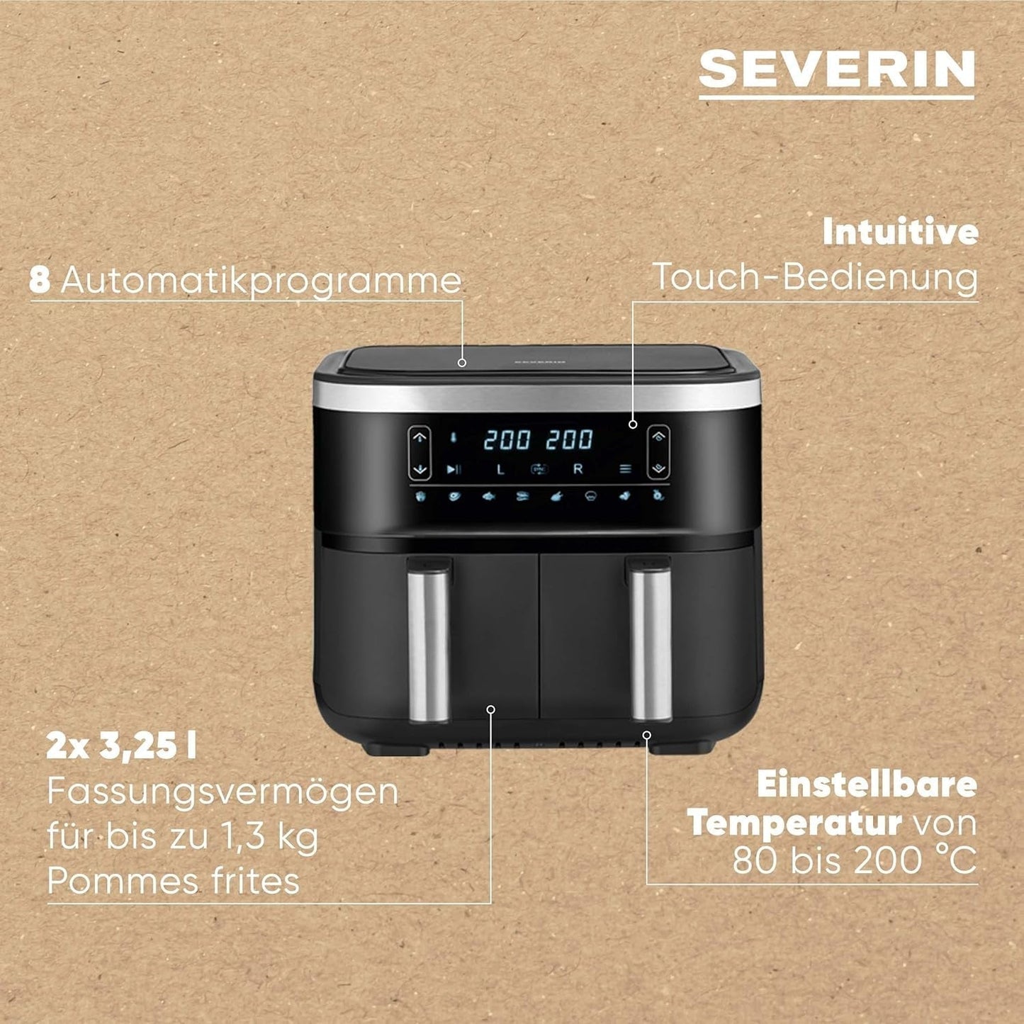SEVERIN Freidora doble de aire caliente con cámara de cocción 2 X 3,8 L, 8 programas automáticos Electrodomésticos Naty Shop