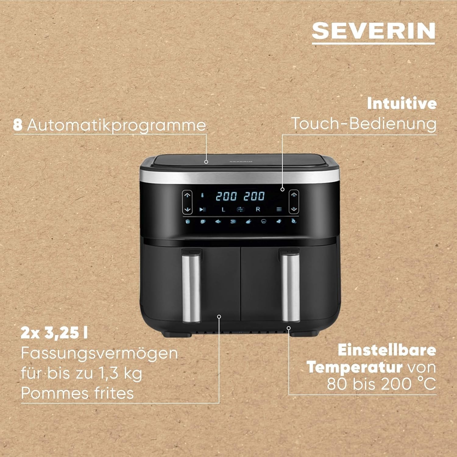 SEVERIN Freidora doble de aire caliente con cámara de cocción 2 X 3,8 L, 8 programas automáticos Electrodomésticos Naty Shop