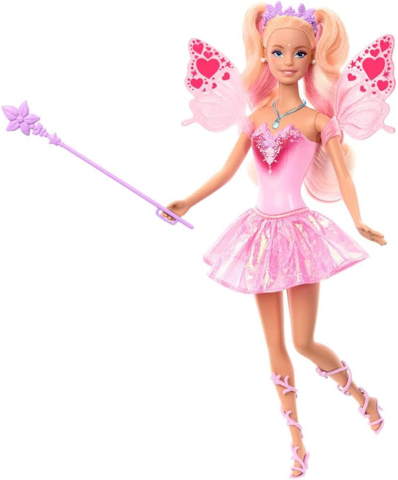 Muñeca Barbie Mattel con varita mágica y accesorios de moda, tema de fantasía con alas y atuendo que cambia de color, JCP76, [Multicolor]