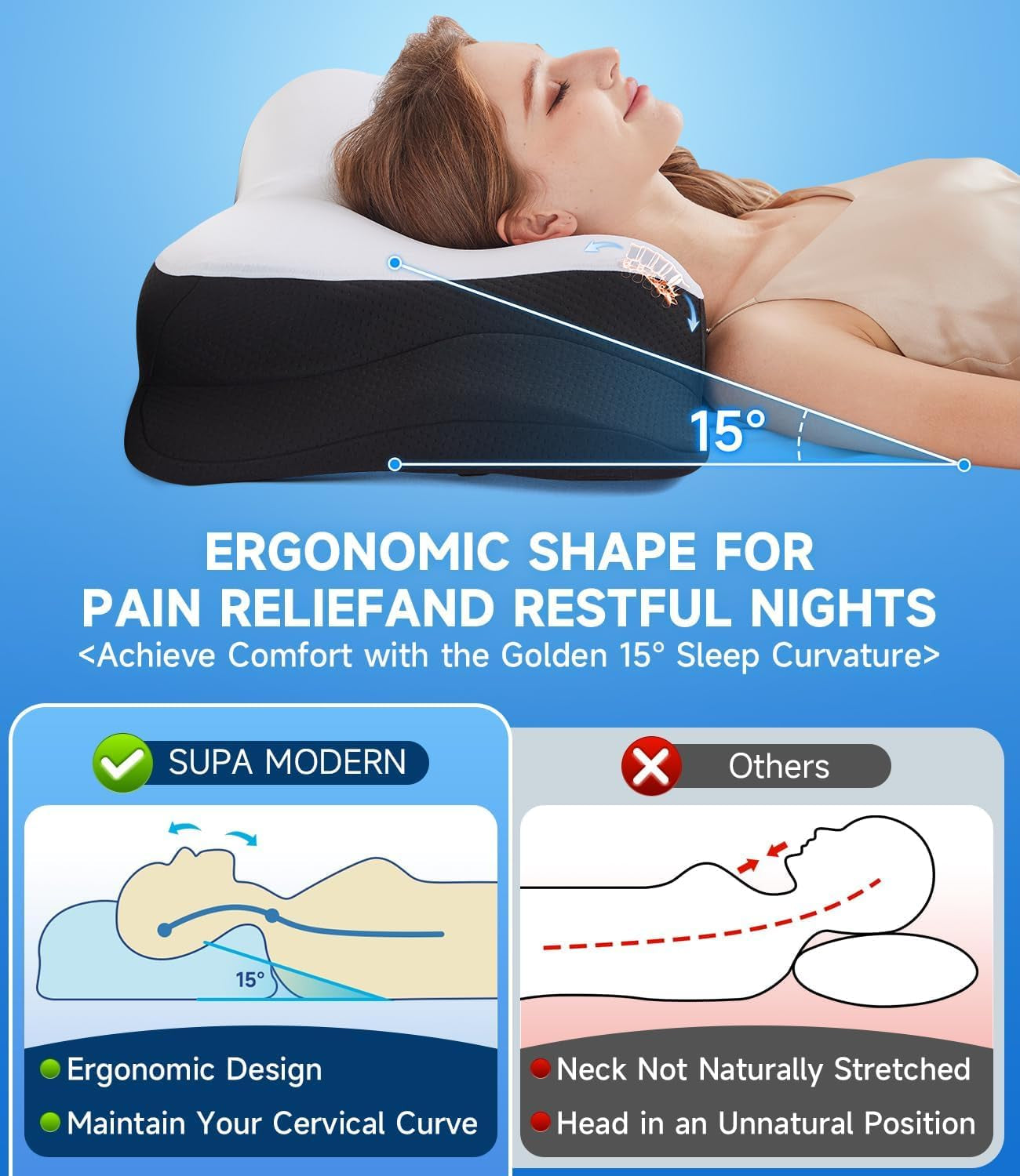 SUPA MODERNA Almohada de espuma viscoelástica para dormir de lado, almohada refrescante 60X40, ortopédica para la espalda, estómago, cuello, alivio del dolor, almohada para el cuello, almohadas ortopédicas cervicales Naty Shop