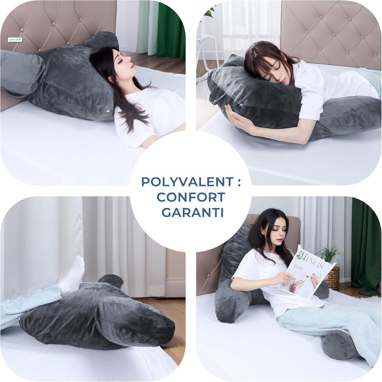 INFANTIA almohada de lectura ergonómica con reposabrazos y respaldo, grande, gris