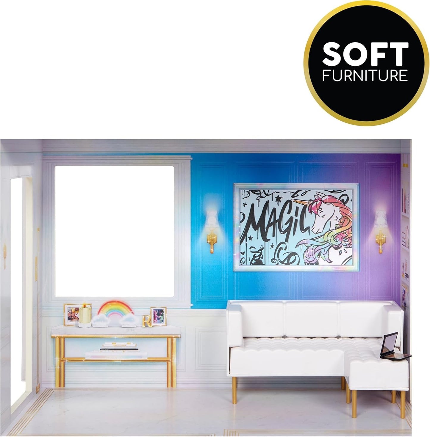 Rainbow High Townhouse - Casa de muñecas de madera de 3 pisos con 5 coloridas habitaciones y terraza - Casa completamente amueblada con ascensor y accesorios funcionales - Juguete para niños de 4 a 12 años o más Naty Shop Dollhouses