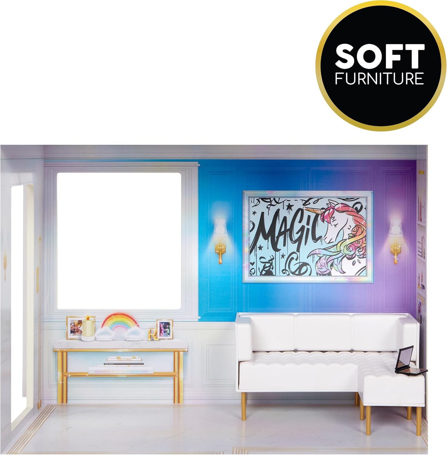 Rainbow High Townhouse - Casa de muñecas de madera de 3 pisos con 5 coloridas habitaciones y terraza - Casa completamente amueblada con ascensor y accesorios funcionales - Juguete para niños de 4 a 12 años o más Naty Shop Dollhouses