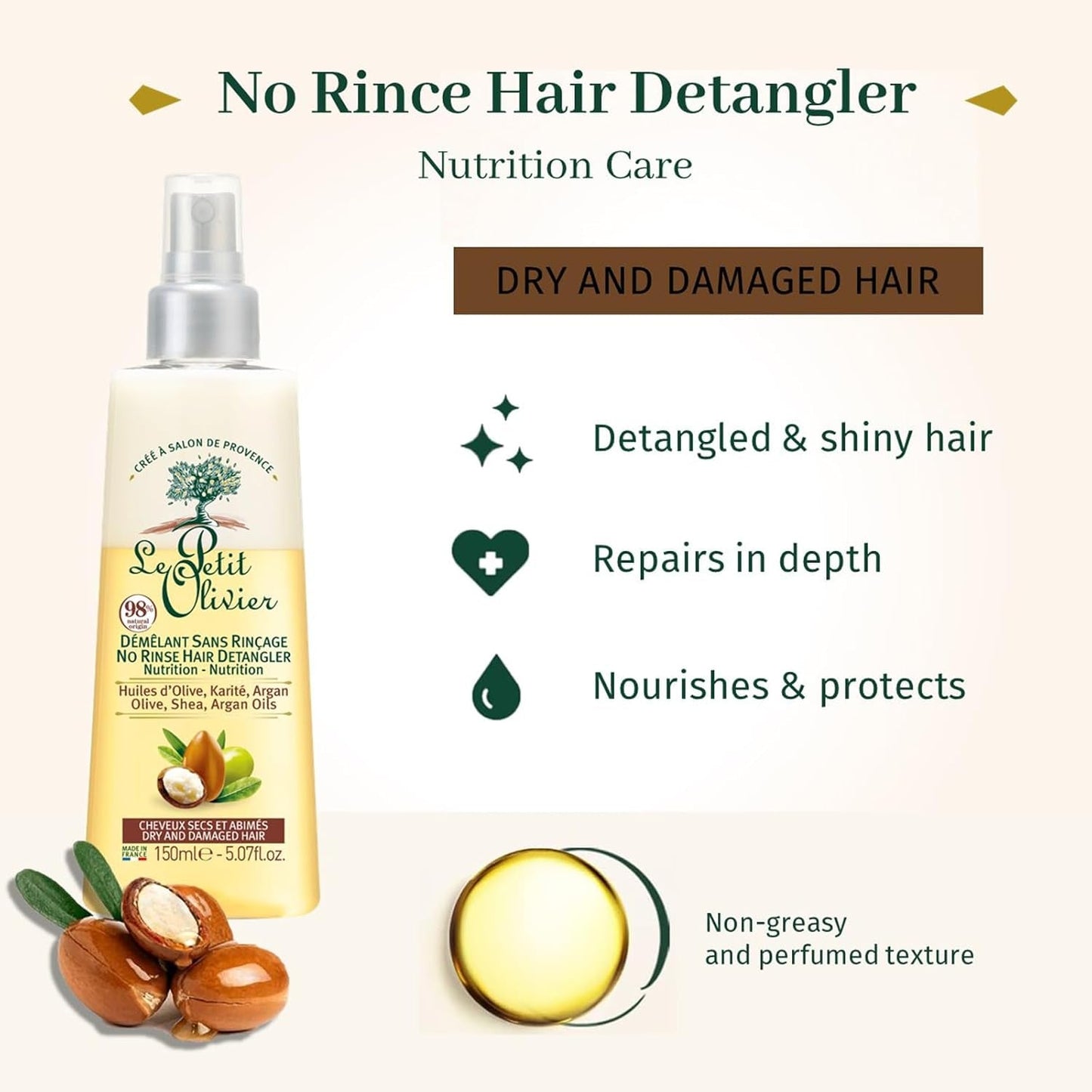 - Spray desenredante, cuidado, sin aclarado y aceites de silicona, oliva, karité y argán, desenreda, repara y nutre - cabello seco y dañado - 150 ml Productos desenredantes para el cabello Naty Shop