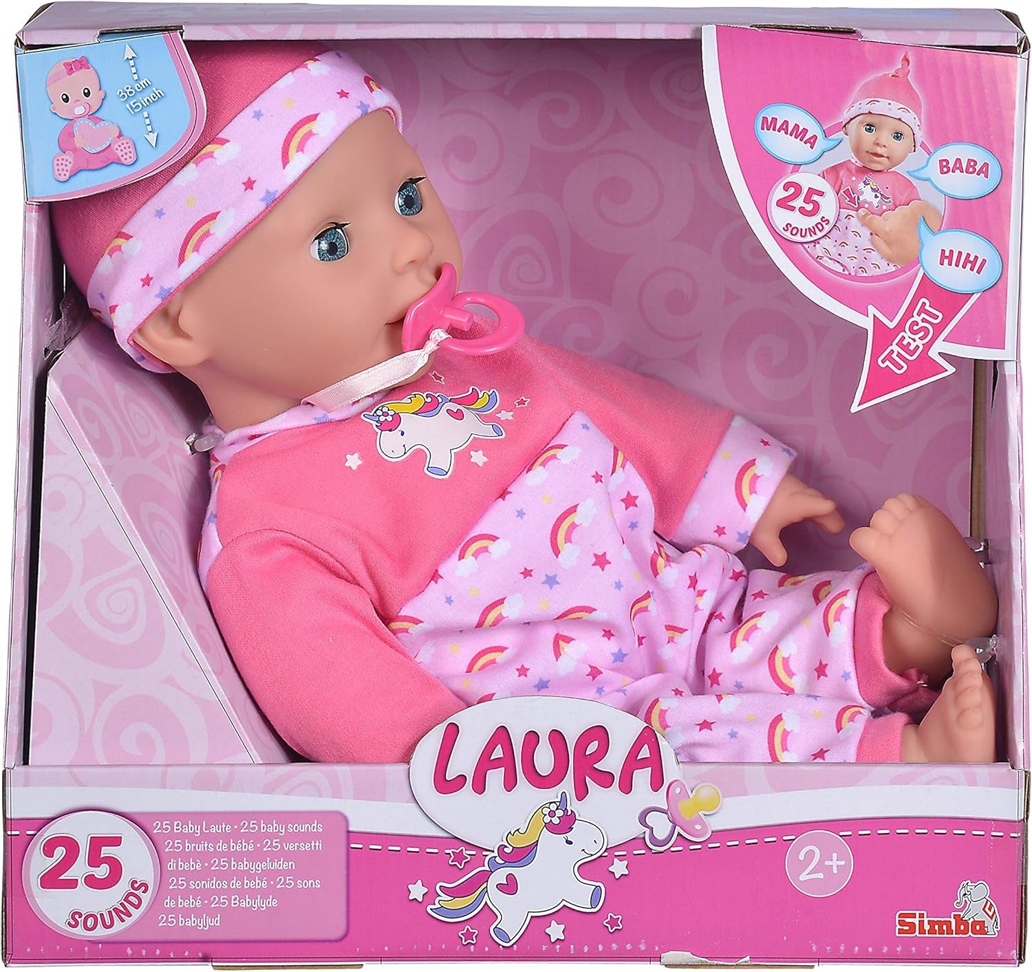 Simba 105140060 - Muñeca Laura Tickle Baby de cuerpo suave con colchón arcoíris, hace 25 sonidos de bebé, 38 cm, muñeca a partir de 2 años