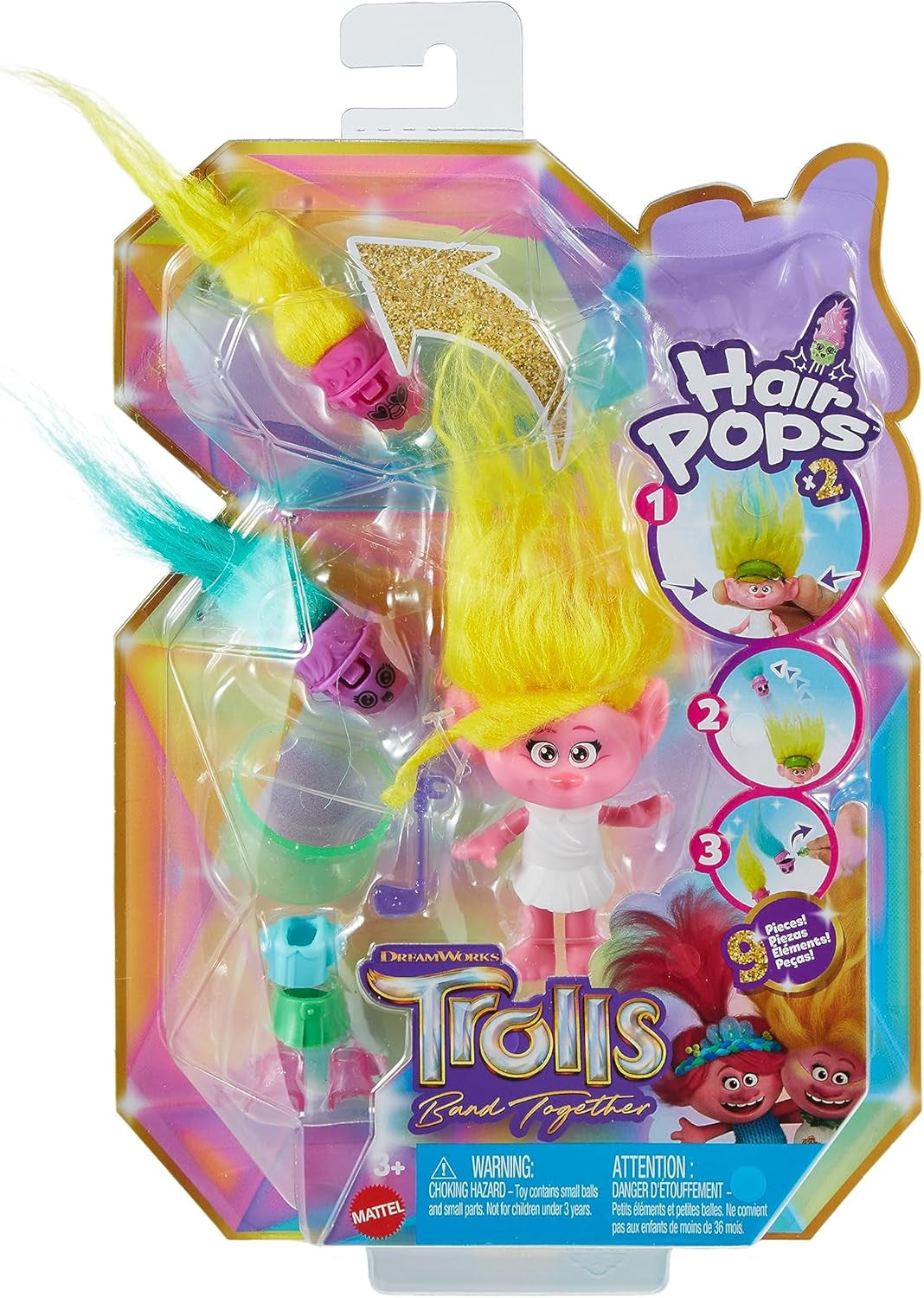 Mattel DREAMWORKS TROLLS United We Stand - Muñeca Viva Hairy Surprises con pelo de felpa amarillo brillante y 3 accesorios sorpresa, para niños de 3 años en adelante, HNF11