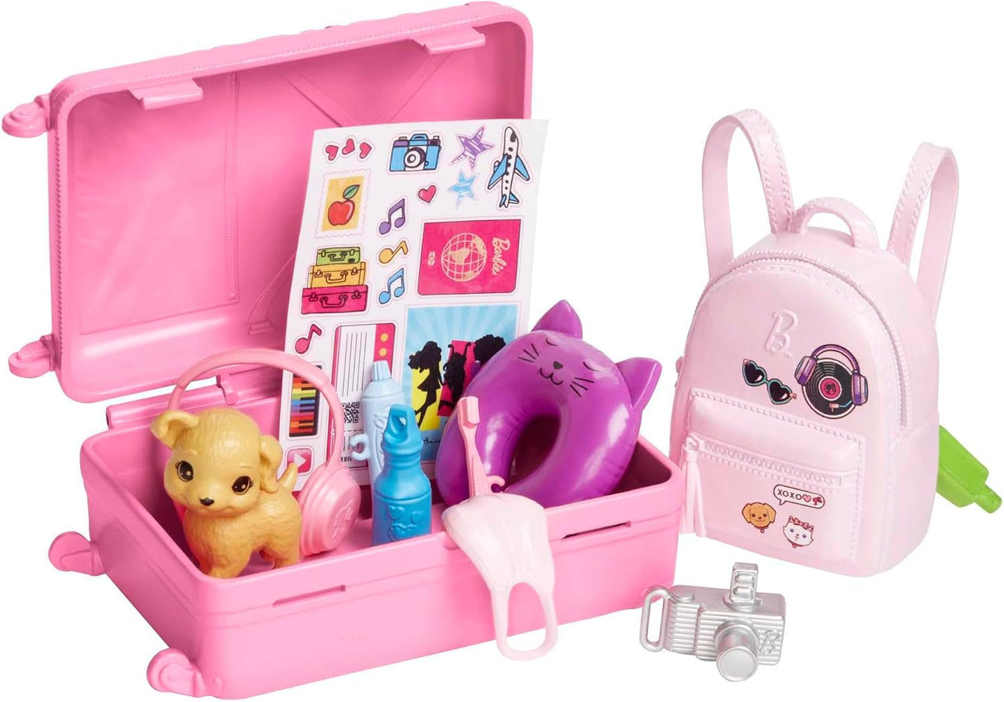 Muñeca Barbie, Barbie de viaje con cabello rubio, más de 10 accesorios de viaje, pegatinas, maleta, cachorro, incluye 1 muñeca, regalo para niños, juguete para mayores de 3 años, HJY18