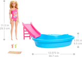 Muñeca Barbie y accesorios - piscina con tobogán y accesorios para horas de diversión bajo el sol, bañador rosa con diseño tropical, para niños a partir de 3 años, HRJ74
