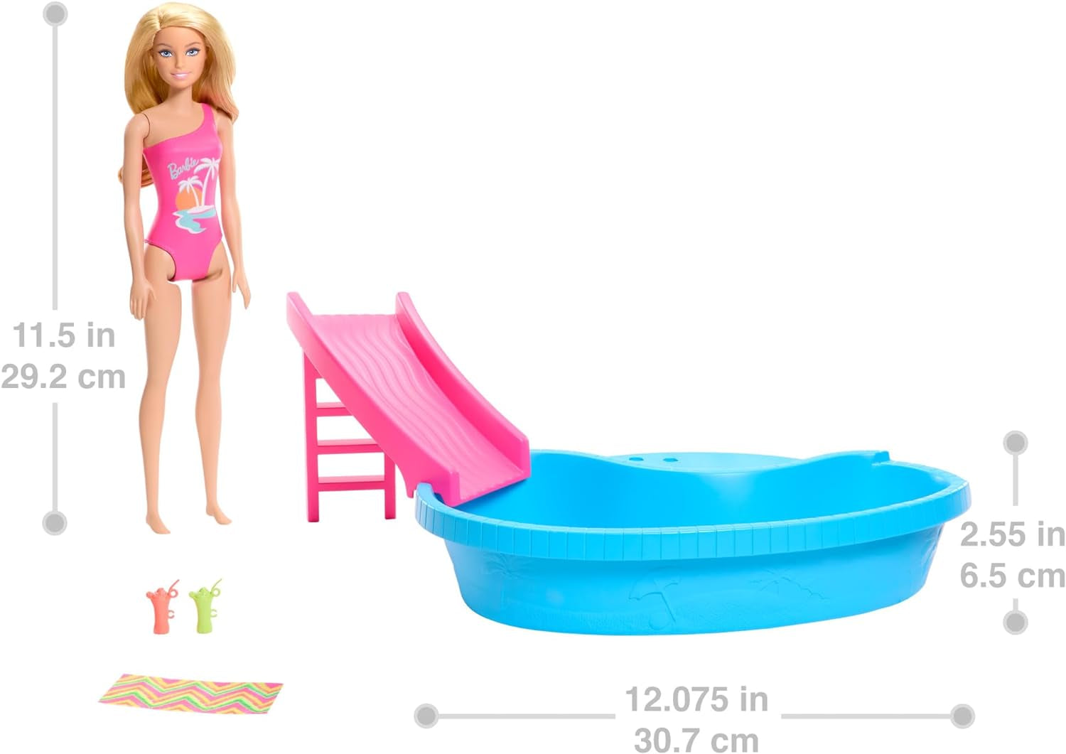 Muñeca Barbie y accesorios - piscina con tobogán y accesorios para horas de diversión bajo el sol, bañador rosa con diseño tropical, para niños a partir de 3 años, HRJ74