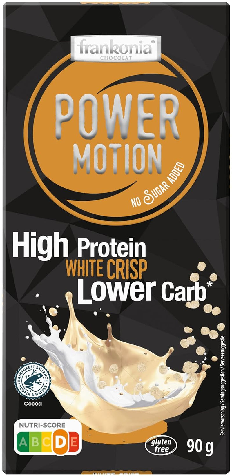 frankonia CHOCOLAT POWER MOTION sin azúcares añadidos - Chocolate blanco crujiente con alto contenido en proteínas y bajo en carbohidratos, 90 g