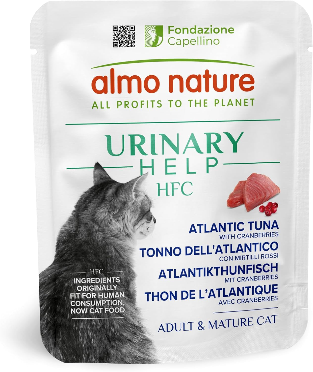 Almo Nature HFC Urinary Help - Nassfutter für Katzen - Unterstützung für die Harnwege - Atlantischer Tunfisch & Cranberries - Grado humano, monoproteína, sin gluten - 24x50g