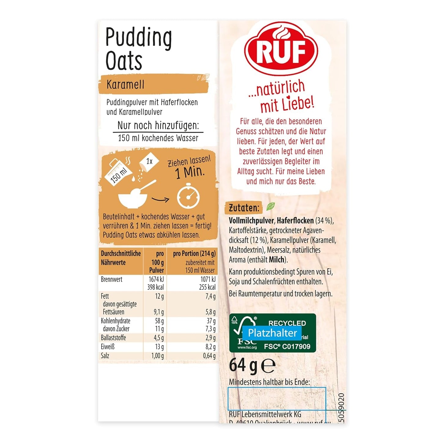 Pudín de Avena y Caramelo, una mezcla armoniosa de pudín de caramelo y avena integral, sin azúcar, endulzado con sirope de agave, 1 sobre x 64g (paquete de 4)