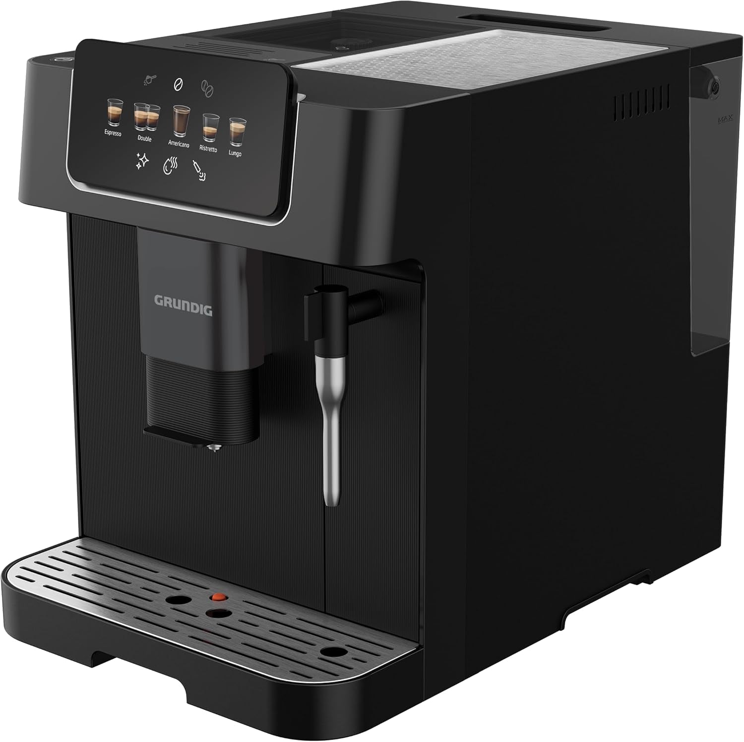 GRUNDIG KVA 6230 Cafetera espresso totalmente automática con espumador de leche, molinillo de acero inoxidable con 13 niveles de molienda, recipiente de granos de 250 g, depósito de agua extraíble de 2 litros, presión de la bomba 19 bar, pantalla táctil, negro