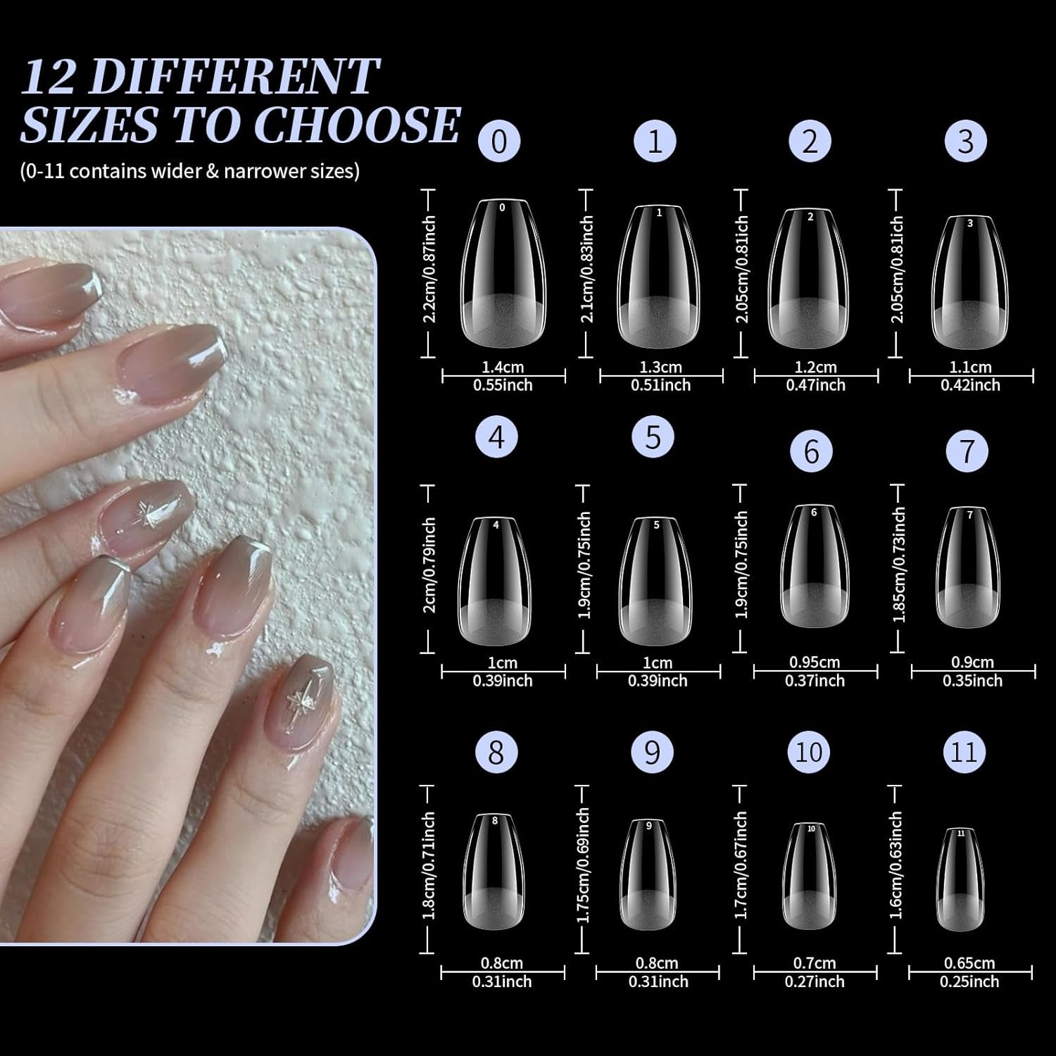 Uñas cortas de cubierta completa, 120 piezas, 12 tamaños, puntas de uñas cortas para uñas de gel, pegamento en uñas artificiales, pegamento en lima de uñas, pulidor de uñas, empujador de cutículas