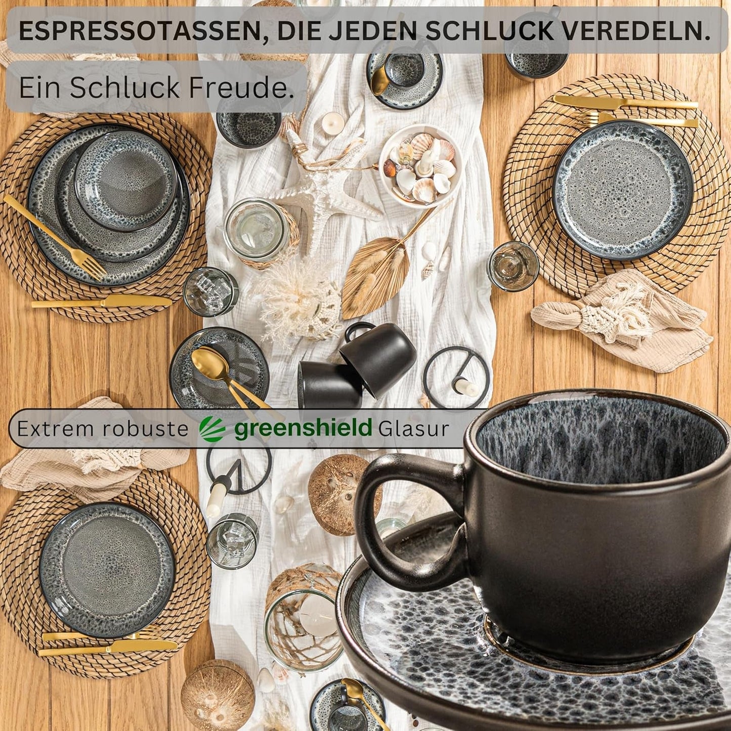 SANGER Sídney | Juego de 12 tazas de café expreso de cerámica, juego de tazas de moca para 6, tazas y platillos, apto para lavavajillas y microondas, gris oscuro, 80 ml | LA COLECCIÓN DE VALOR