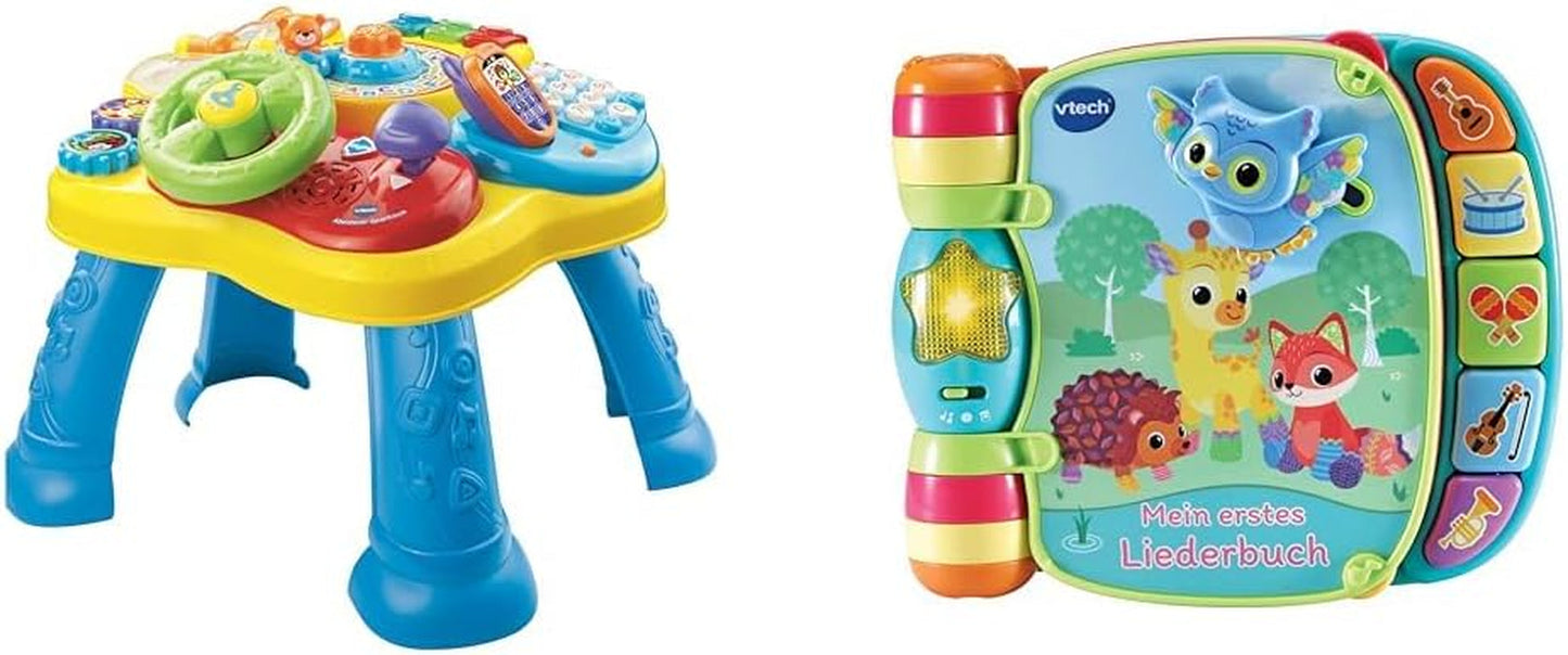 Mesa de juegos VTech Baby Adventure - Mesa de juegos colorida para bebés con 6 campos de juego y elementos interactivos y Baby My First Song Book Libro colorido de 6 páginas y juguetes de mesa de juego móviles Paquete de libro de canciones Bebe Naty Shop Embalaje Easymail